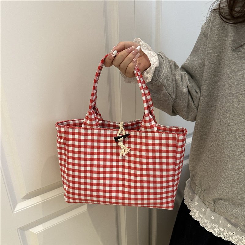 Korean Style Casual Canvas Bag Simple Double Bread Plaid Contrast Color - AXON