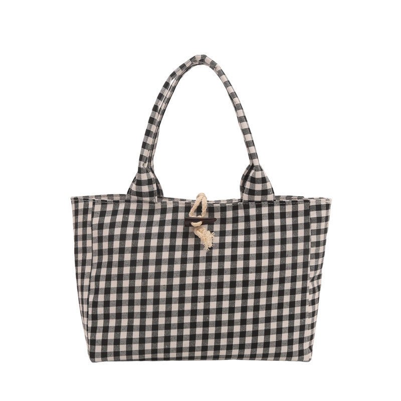 Korean Style Casual Canvas Bag Simple Double Bread Plaid Contrast Color - AXON