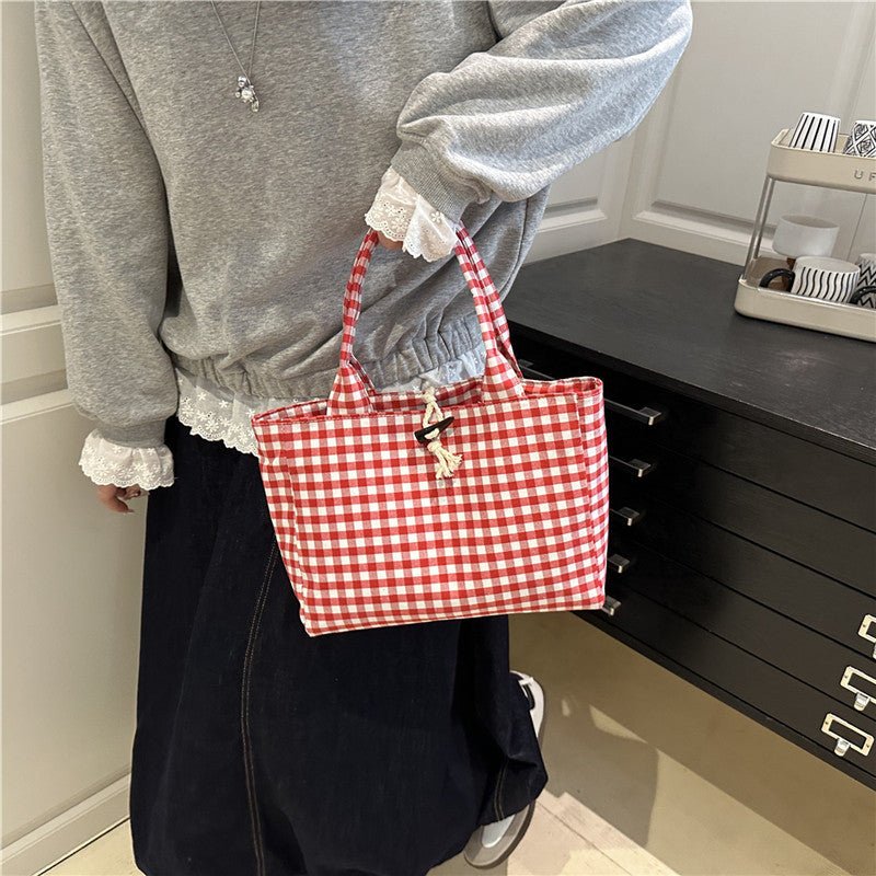 Korean Style Casual Canvas Bag Simple Double Bread Plaid Contrast Color - AXON