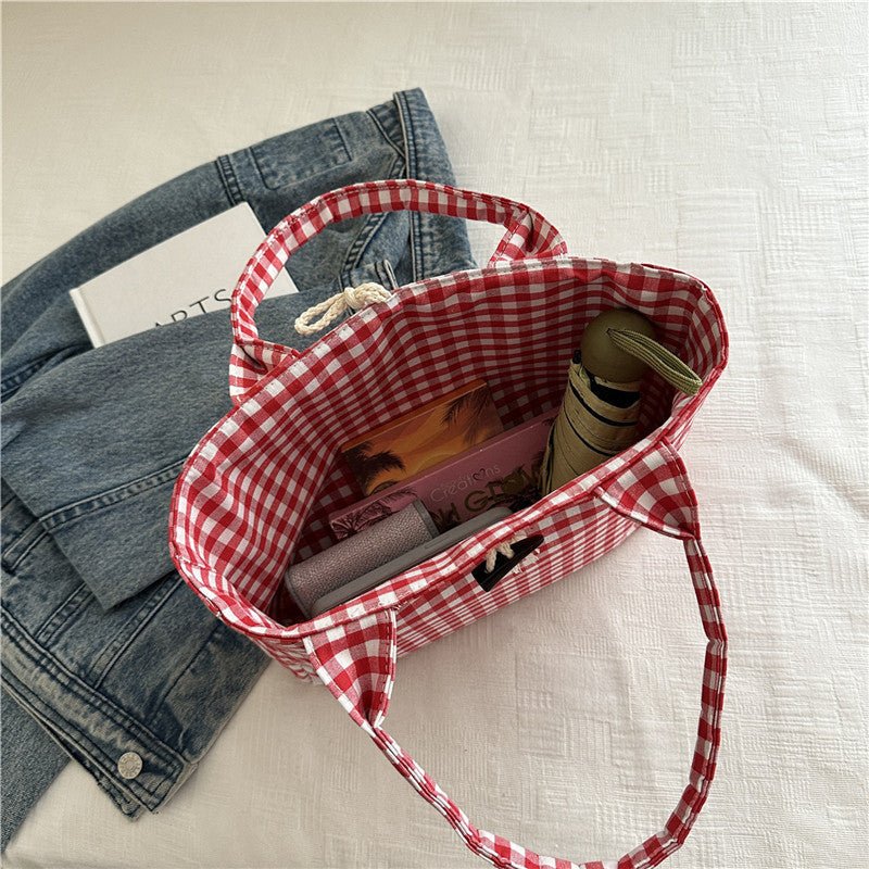 Korean Style Casual Canvas Bag Simple Double Bread Plaid Contrast Color - AXON