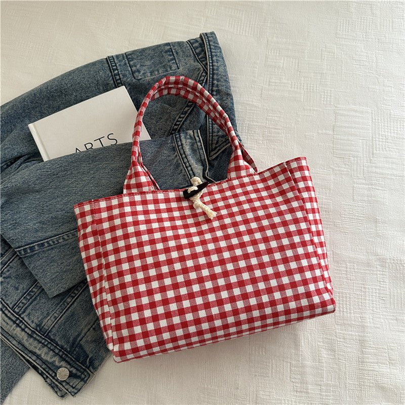 Korean Style Casual Canvas Bag Simple Double Bread Plaid Contrast Color - AXON