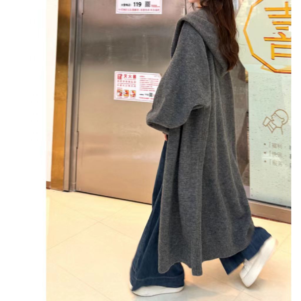 Korean Style Idle Style Hooded Long Below The Knee Knitted Cardigan For Women - AXON