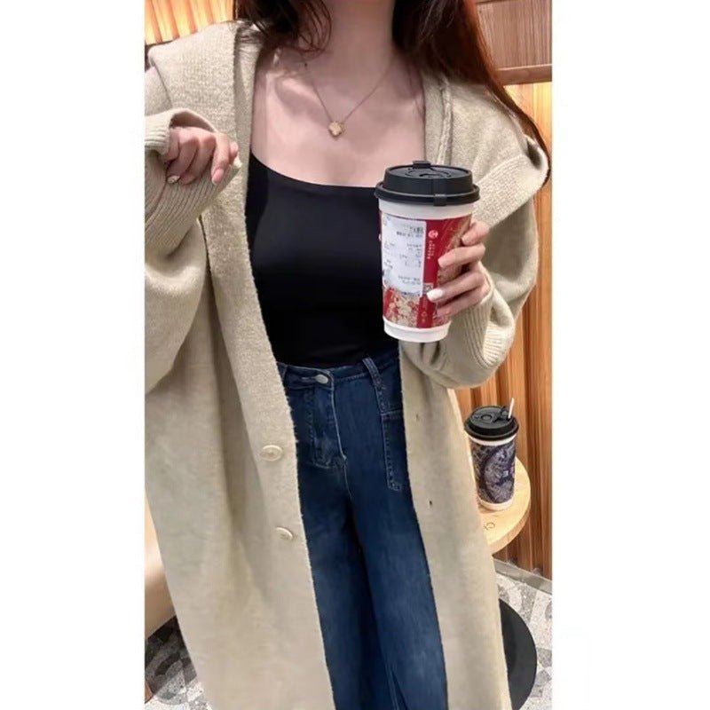 Korean Style Idle Style Hooded Long Below The Knee Knitted Cardigan For Women - AXON