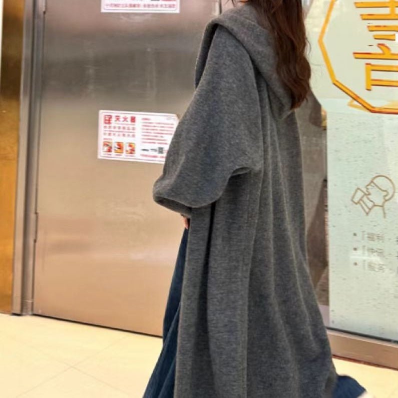Korean Style Idle Style Hooded Long Below The Knee Knitted Cardigan For Women - AXON