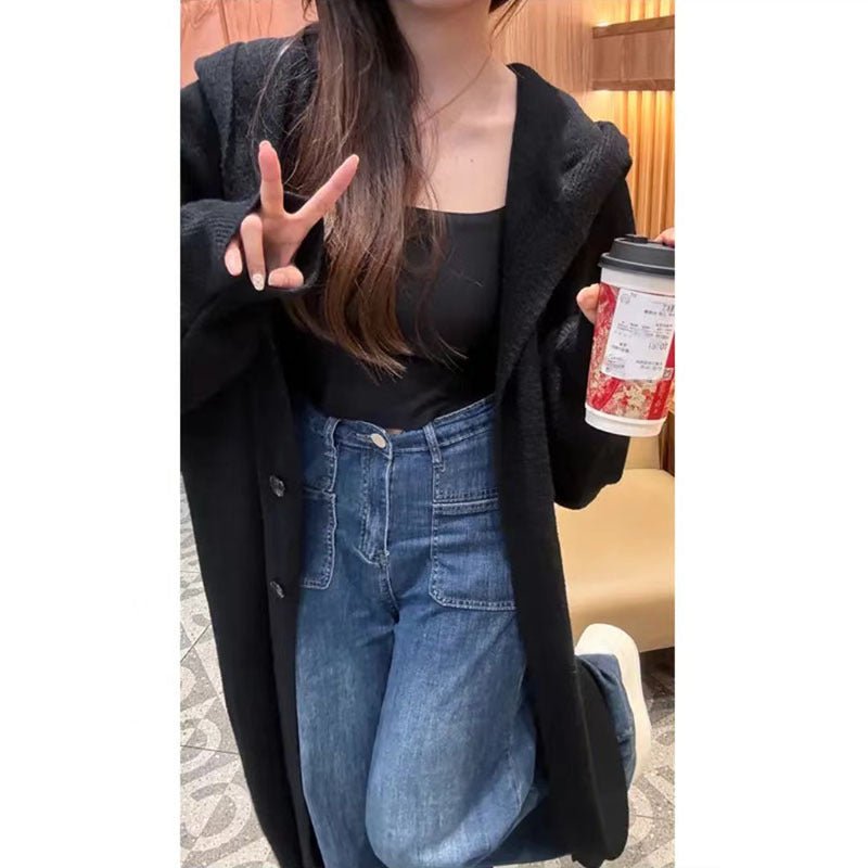 Korean Style Idle Style Hooded Long Below The Knee Knitted Cardigan For Women - AXON