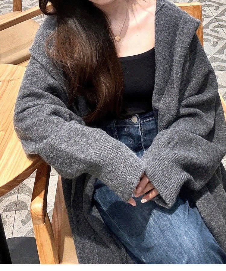 Korean Style Idle Style Hooded Long Below The Knee Knitted Cardigan For Women - AXON