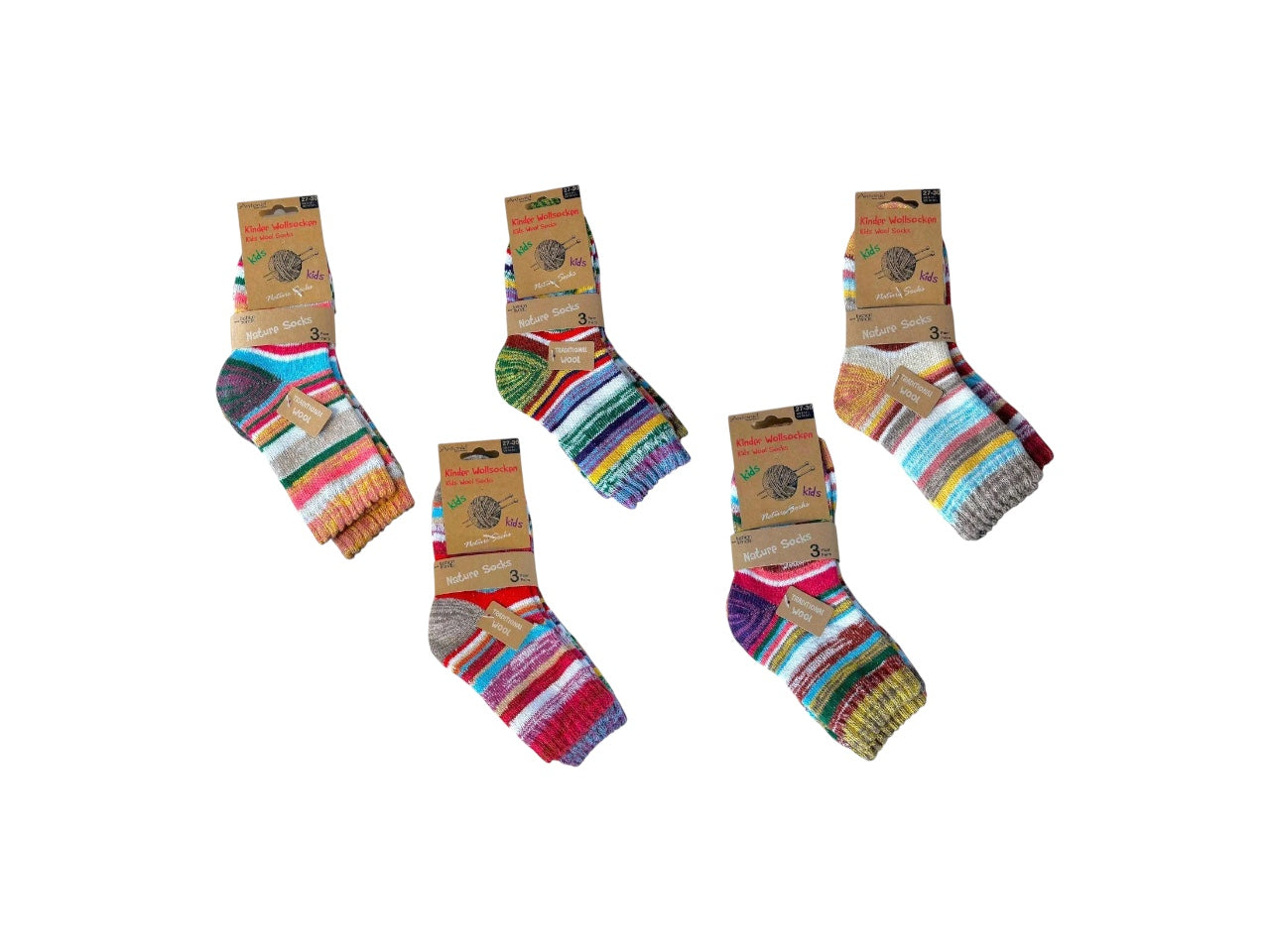 Kinder Wollsocken 3er Pack » 3 Paar bunt geringelte Strümpfe » Kinderstrümpfe Nature Socks » Wintersocken für Kinder
