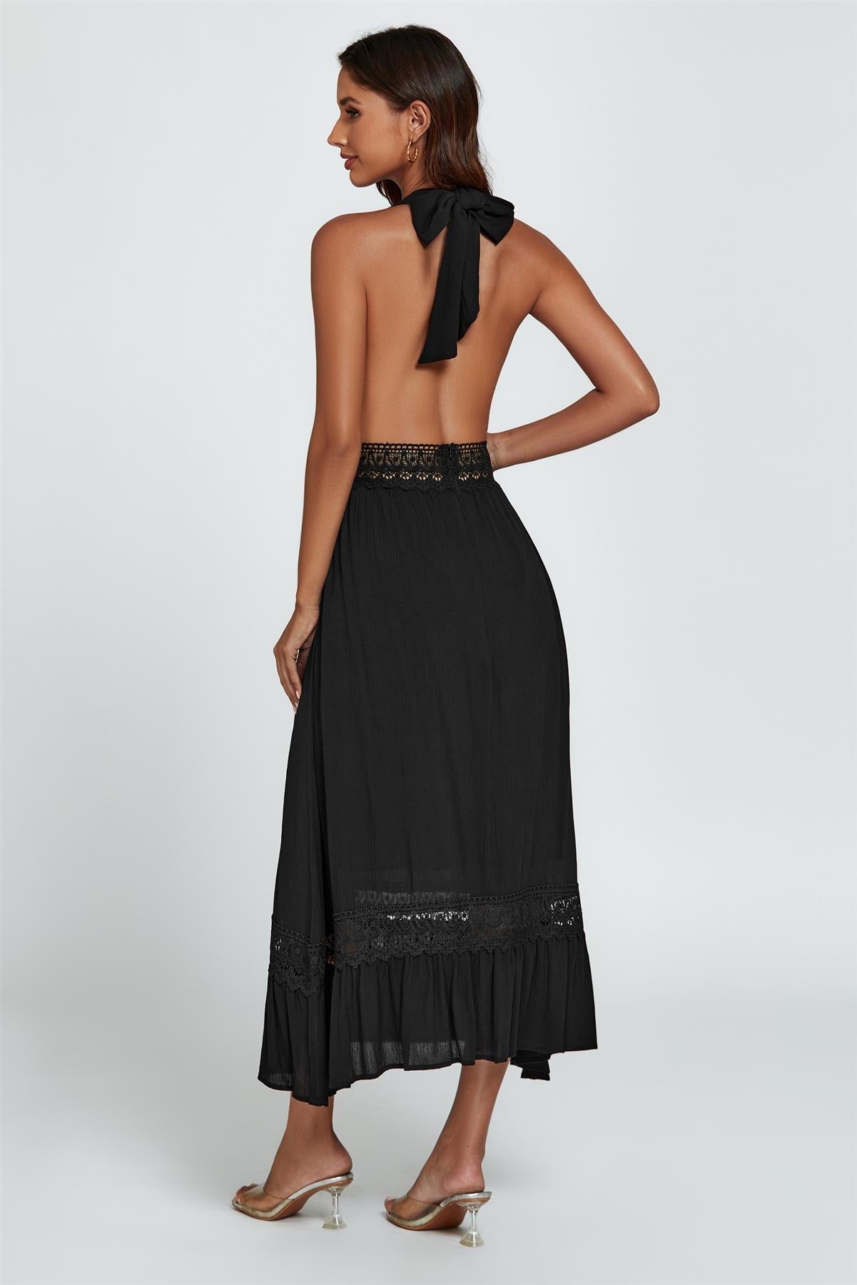 Lace Detail Adjustable Deep V Neckline Maxi Dress In Black - AXON