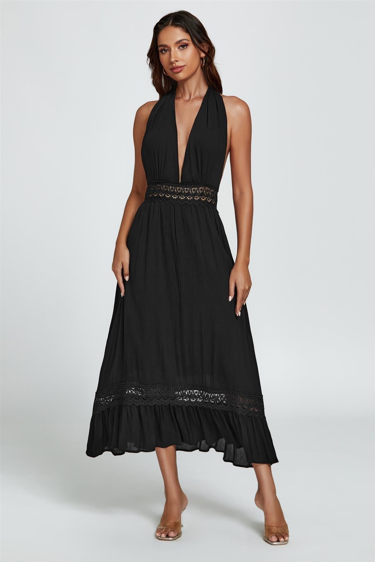 Lace Detail Adjustable Deep V Neckline Maxi Dress In Black - AXON