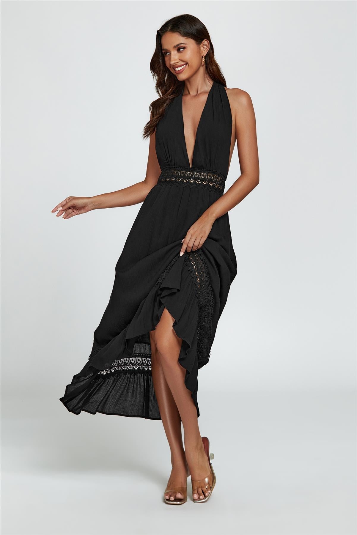 Lace Detail Adjustable Deep V Neckline Maxi Dress In Black - AXON