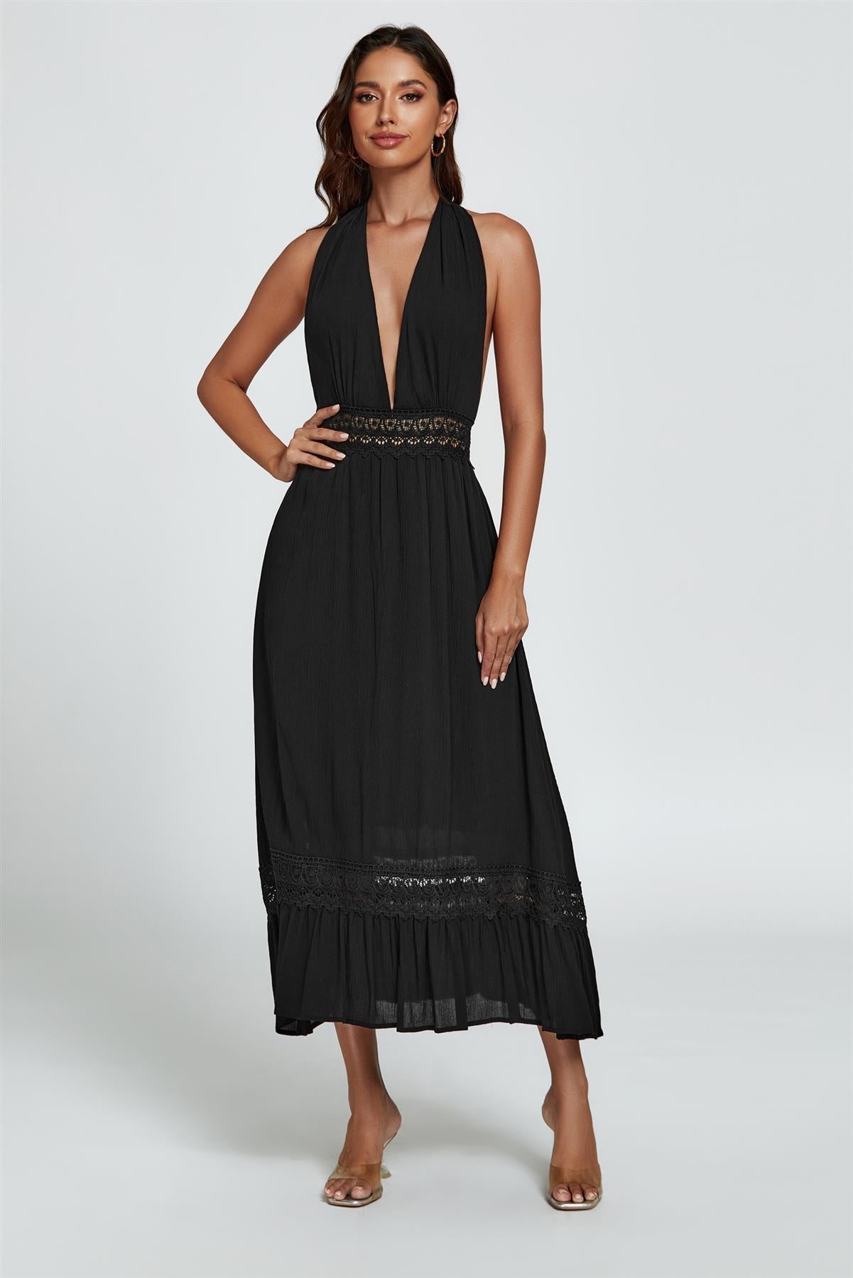 Lace Detail Adjustable Deep V Neckline Maxi Dress In Black - AXON