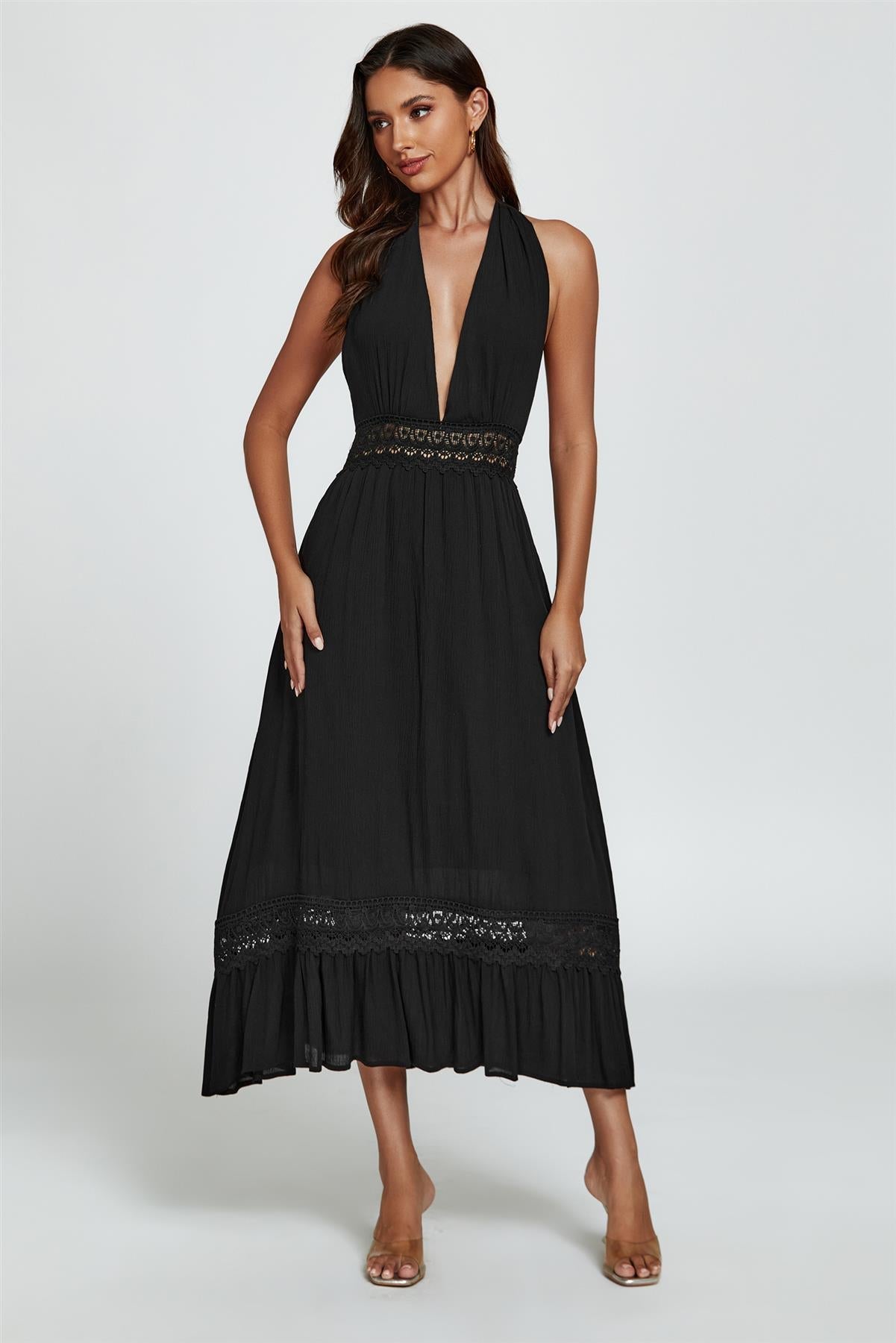 Lace Detail Adjustable Deep V Neckline Maxi Dress In Black - AXON