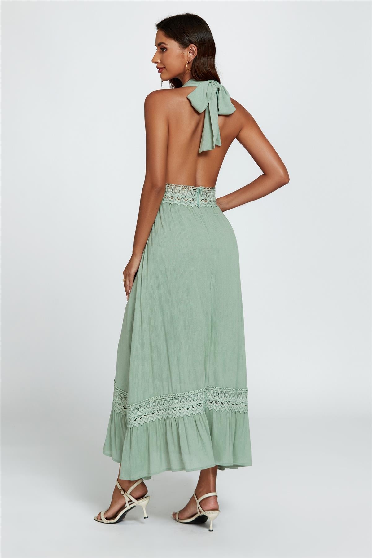 Lace Detail Adjustable Deep V Neckline Maxi Dress In Green - AXON