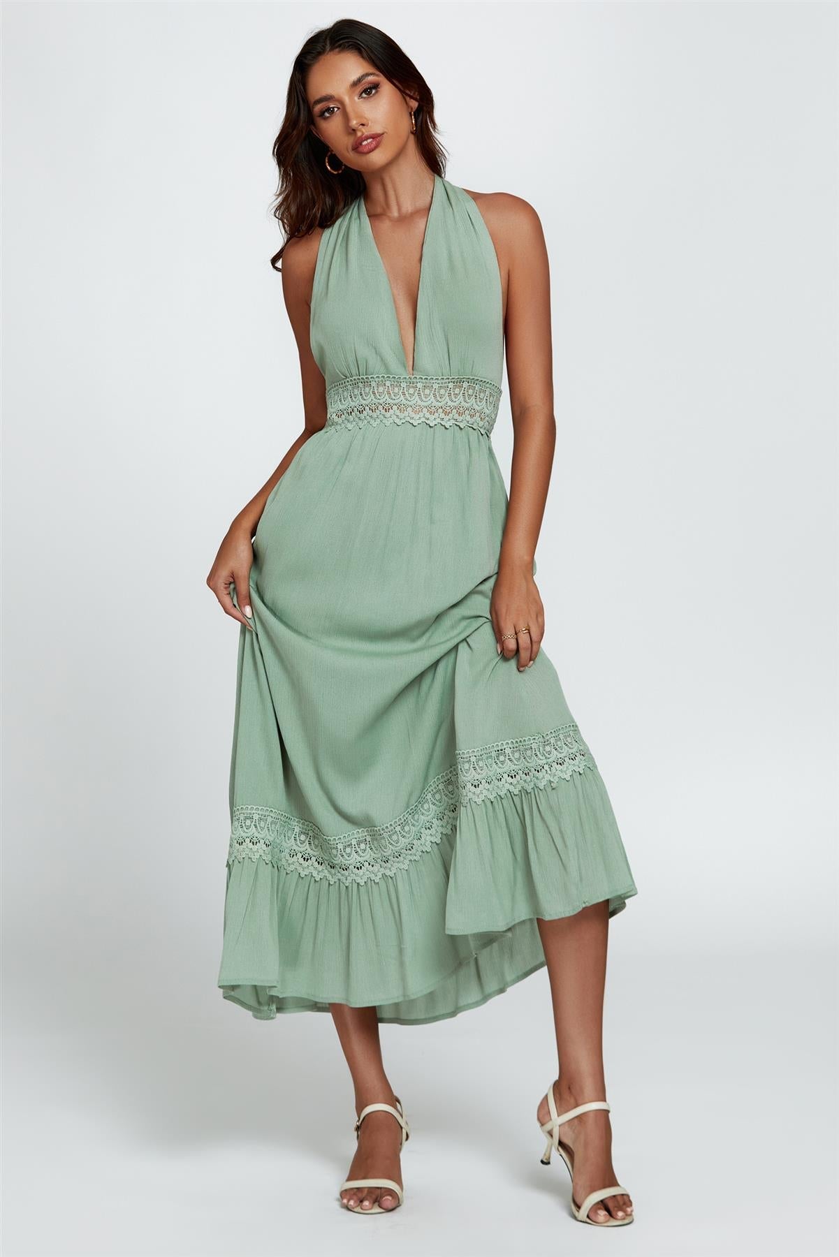 Lace Detail Adjustable Deep V Neckline Maxi Dress In Green - AXON
