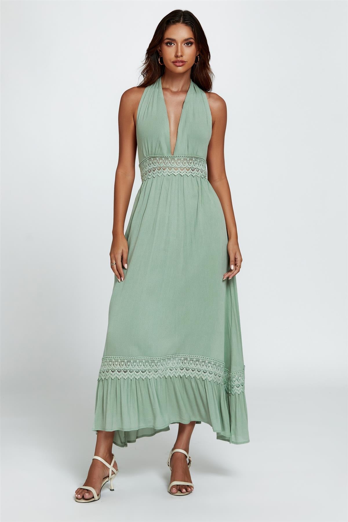 Lace Detail Adjustable Deep V Neckline Maxi Dress In Green - AXON