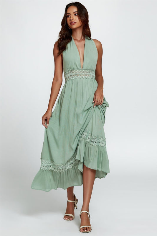 Lace Detail Adjustable Deep V Neckline Maxi Dress In Green - AXON