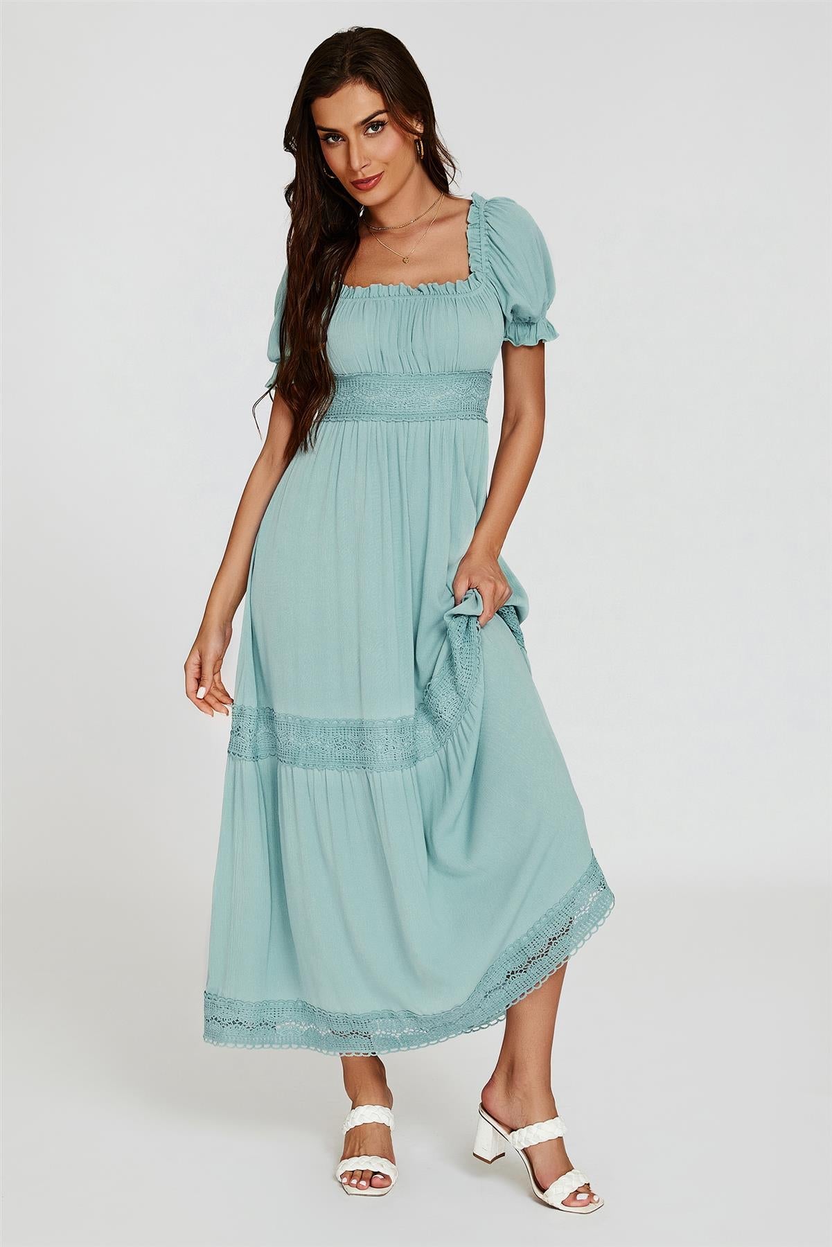 Lace Detail Bardot Maxi Dress In Blue - AXON