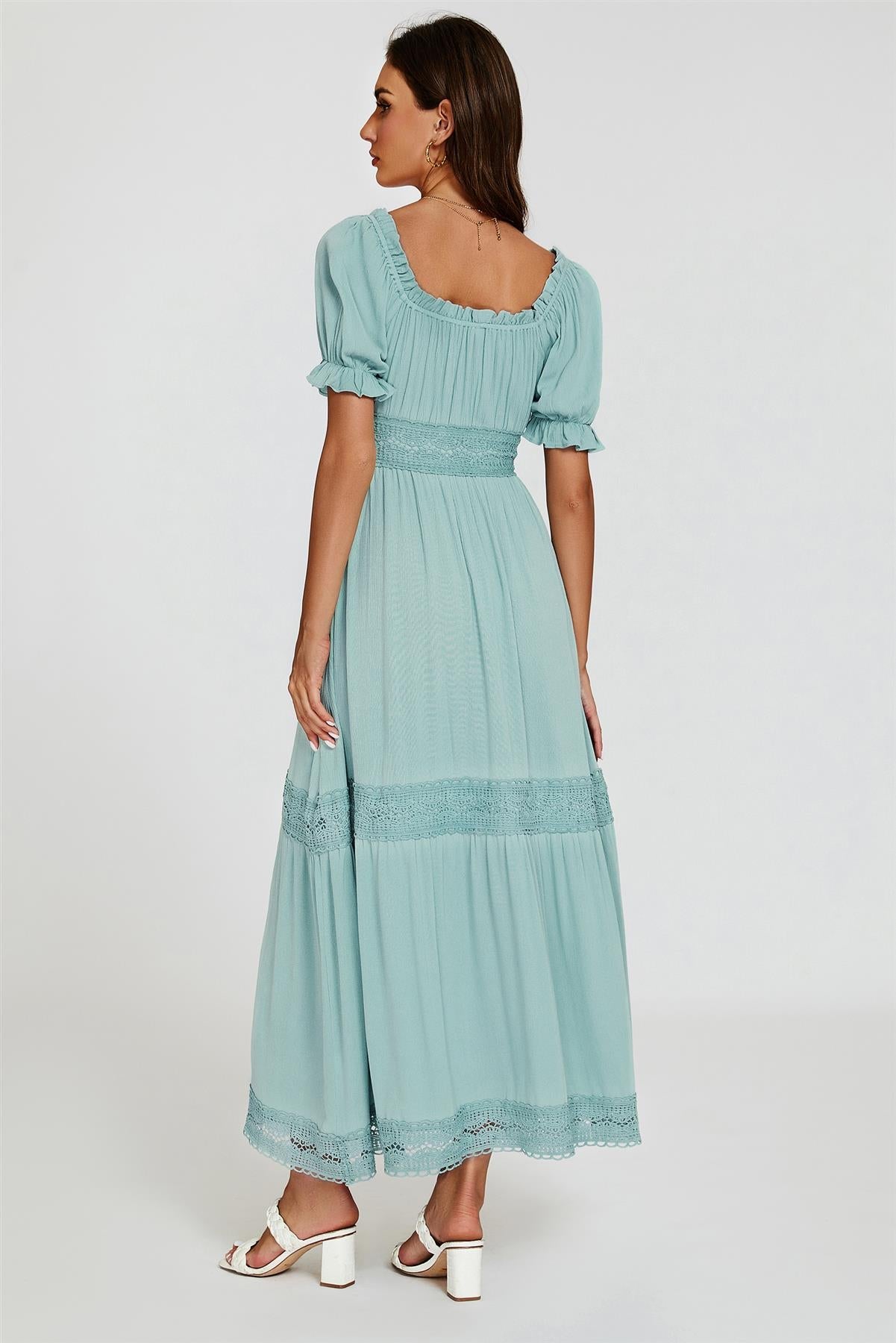 Lace Detail Bardot Maxi Dress In Blue - AXON