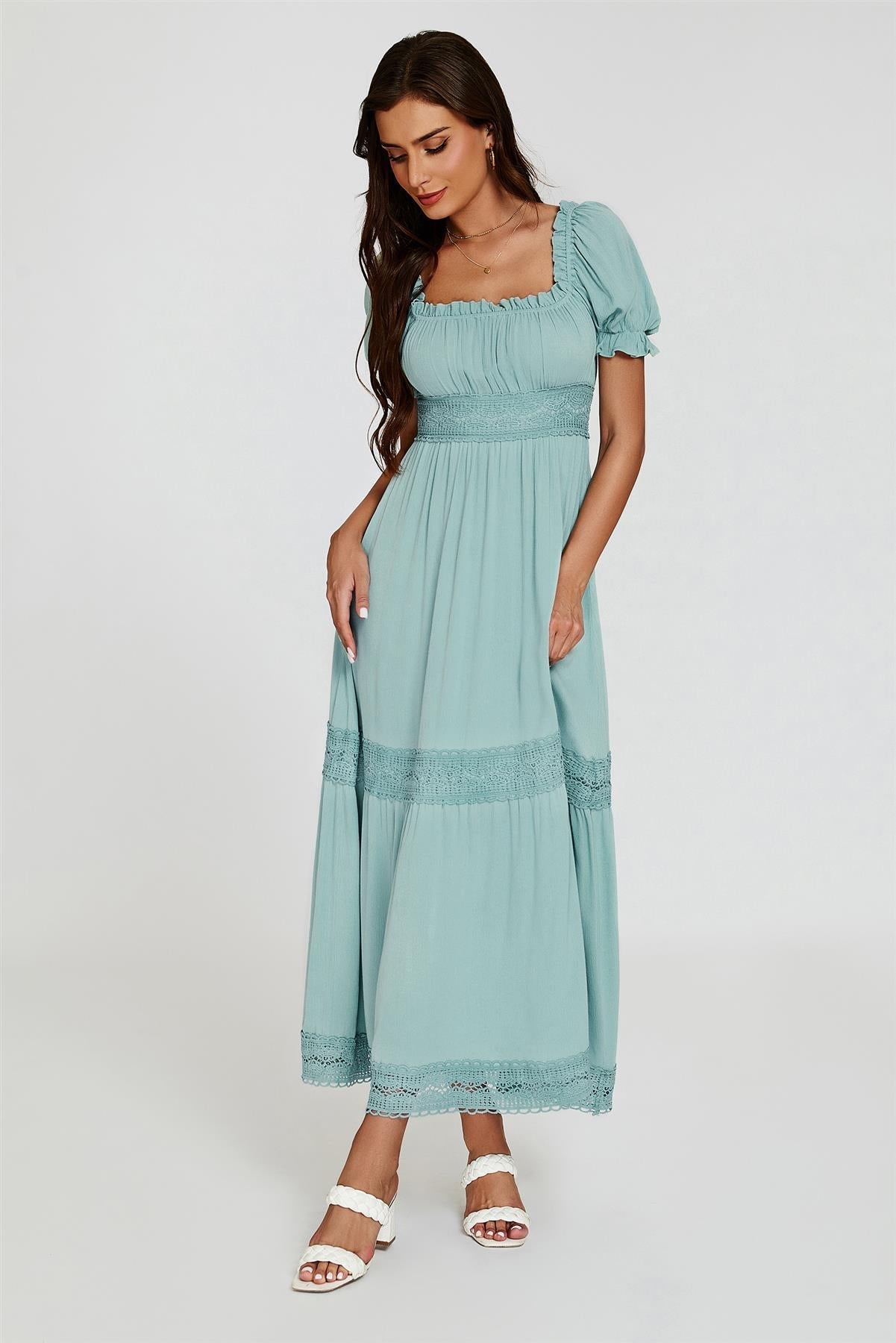 Lace Detail Bardot Maxi Dress In Blue - AXON