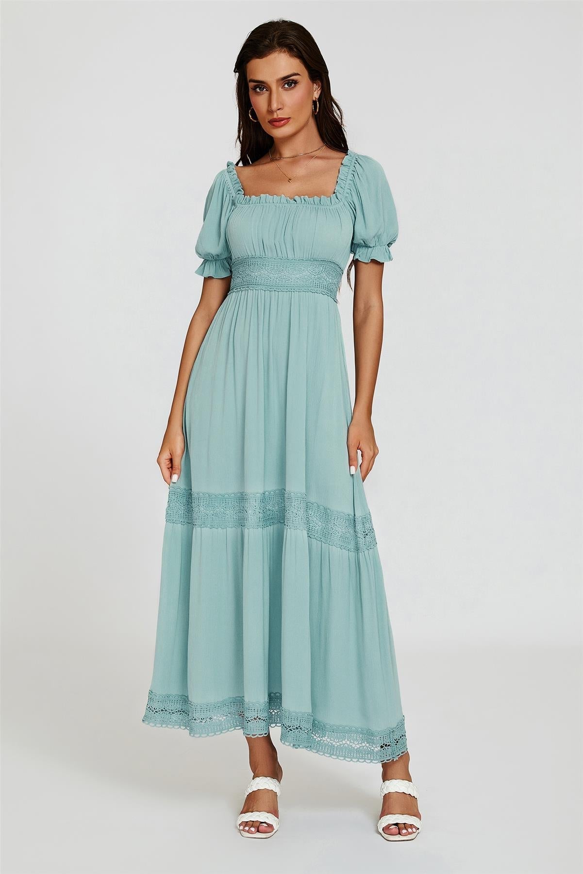 Lace Detail Bardot Maxi Dress In Blue - AXON