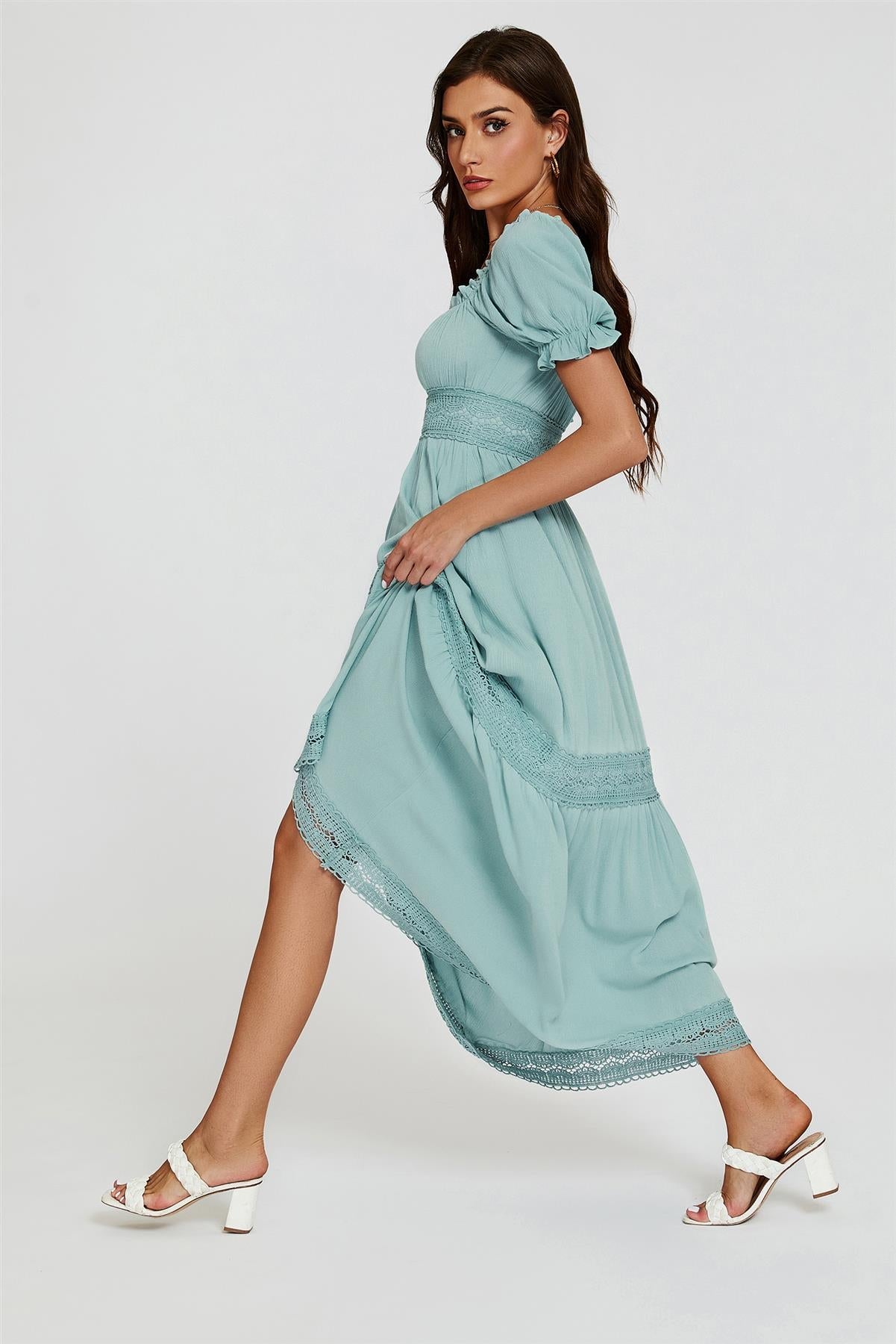 Lace Detail Bardot Maxi Dress In Blue - AXON