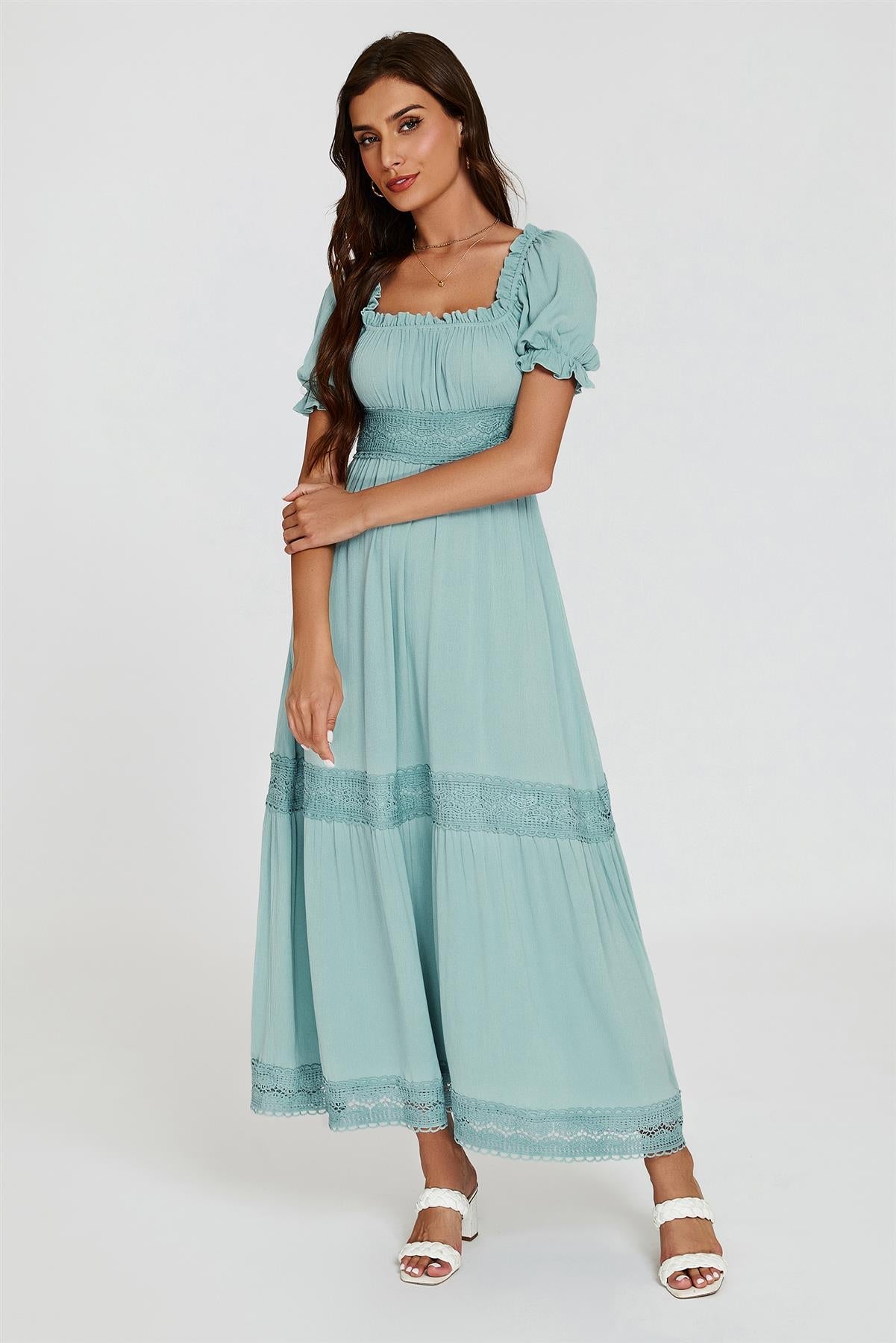 Lace Detail Bardot Maxi Dress In Blue - AXON