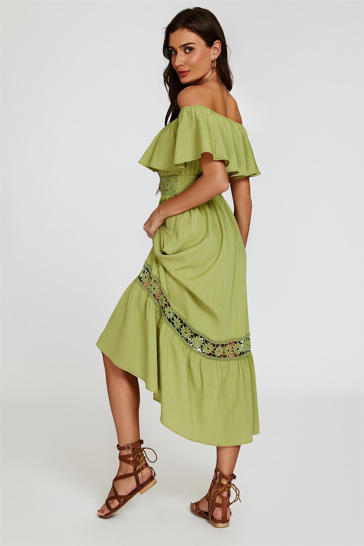 Lace Detail Bardot Maxi Dress In Green - AXON