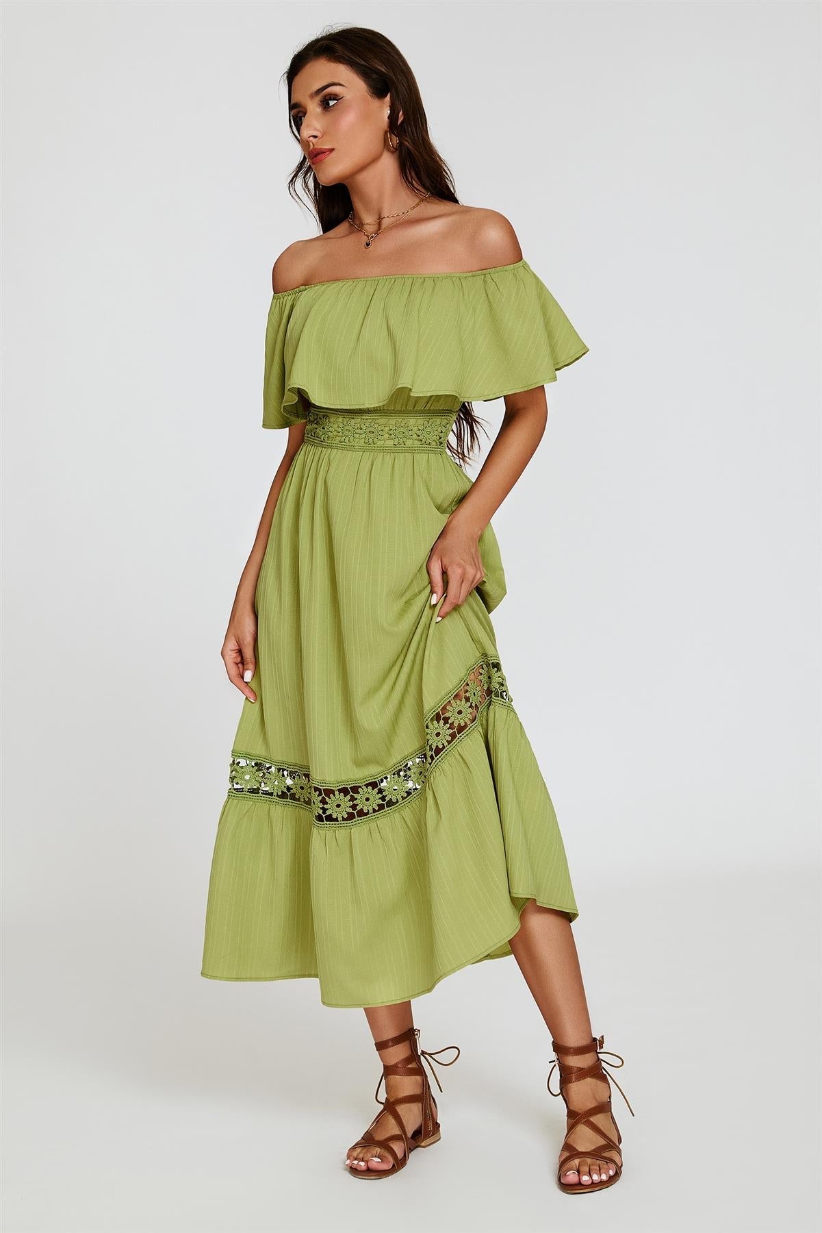 Lace Detail Bardot Maxi Dress In Green - AXON