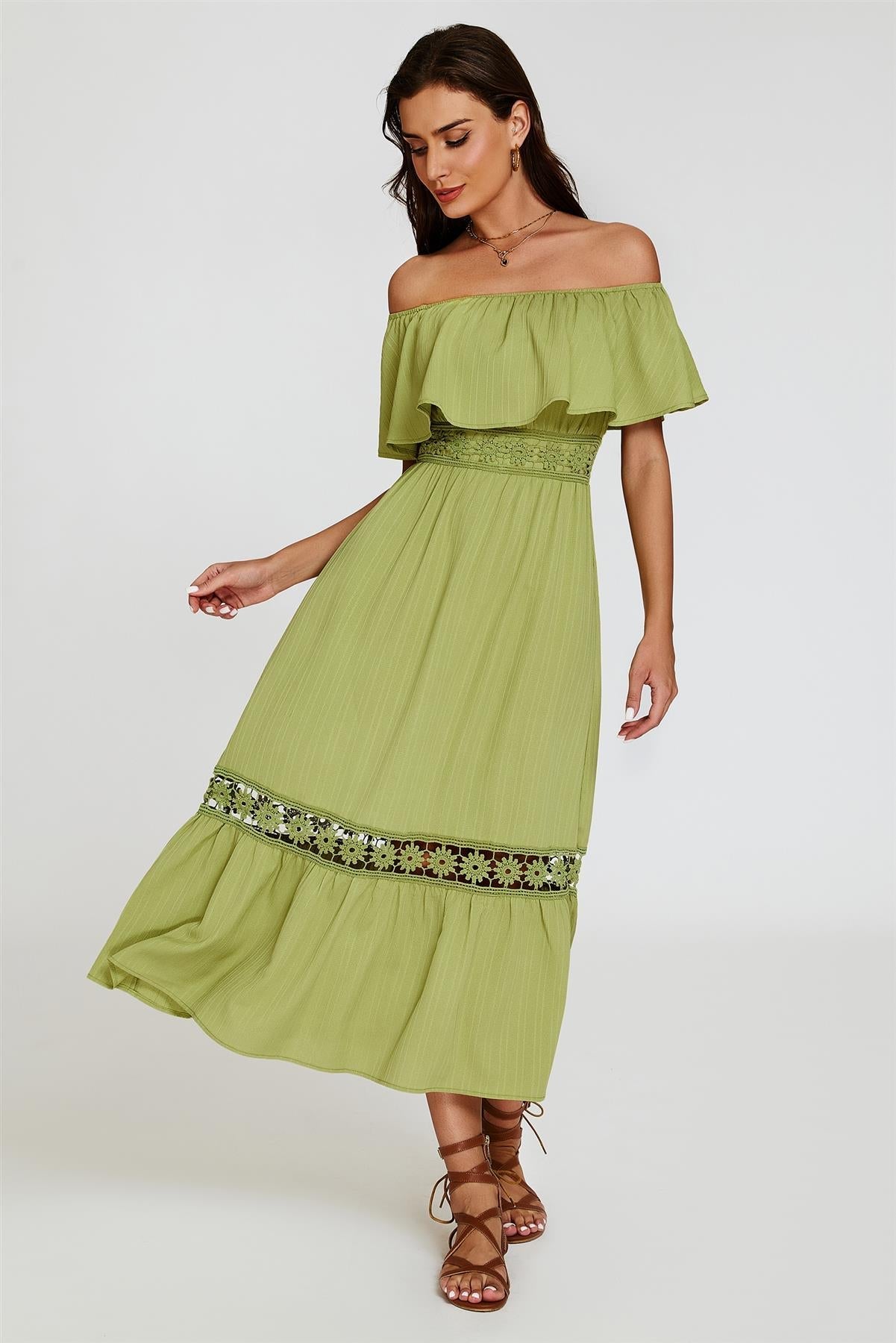 Lace Detail Bardot Maxi Dress In Green - AXON