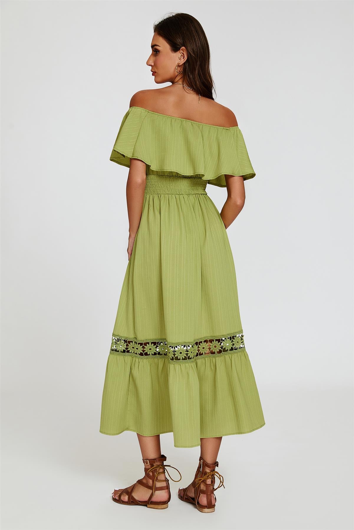 Lace Detail Bardot Maxi Dress In Green - AXON
