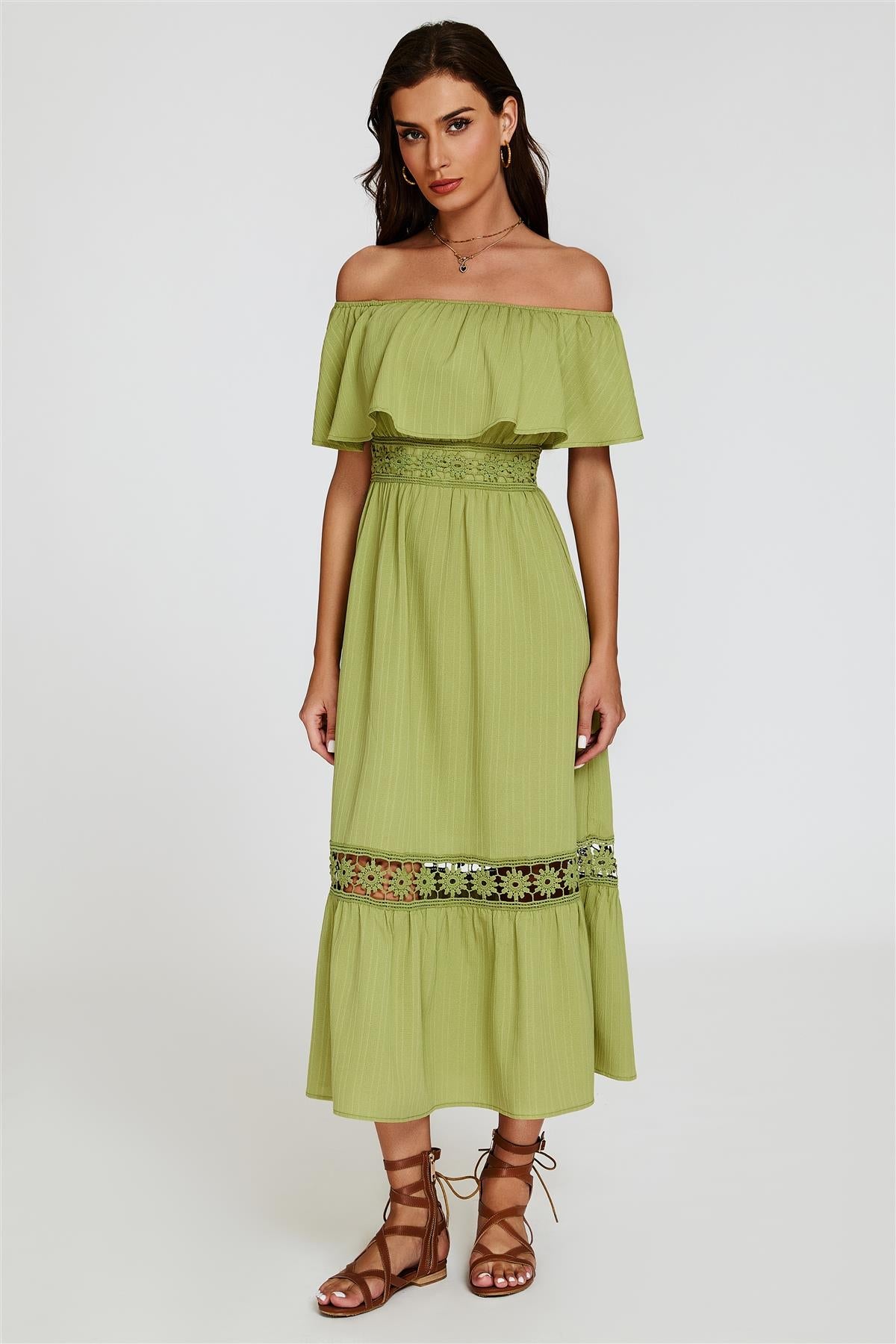 Lace Detail Bardot Maxi Dress In Green - AXON