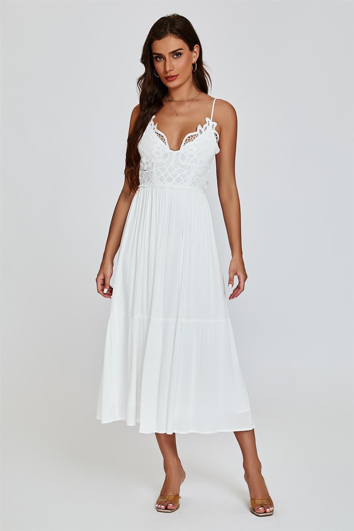 Lace Top Maxi Dress In White - AXON