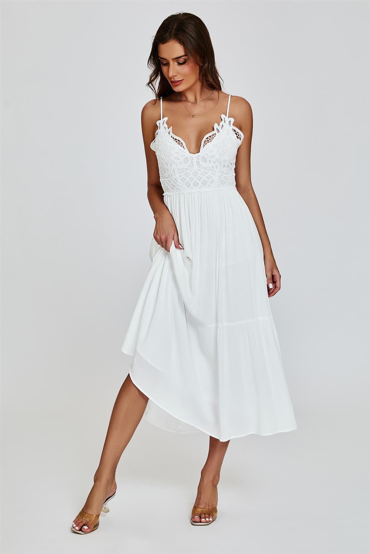 Lace Top Maxi Dress In White - AXON