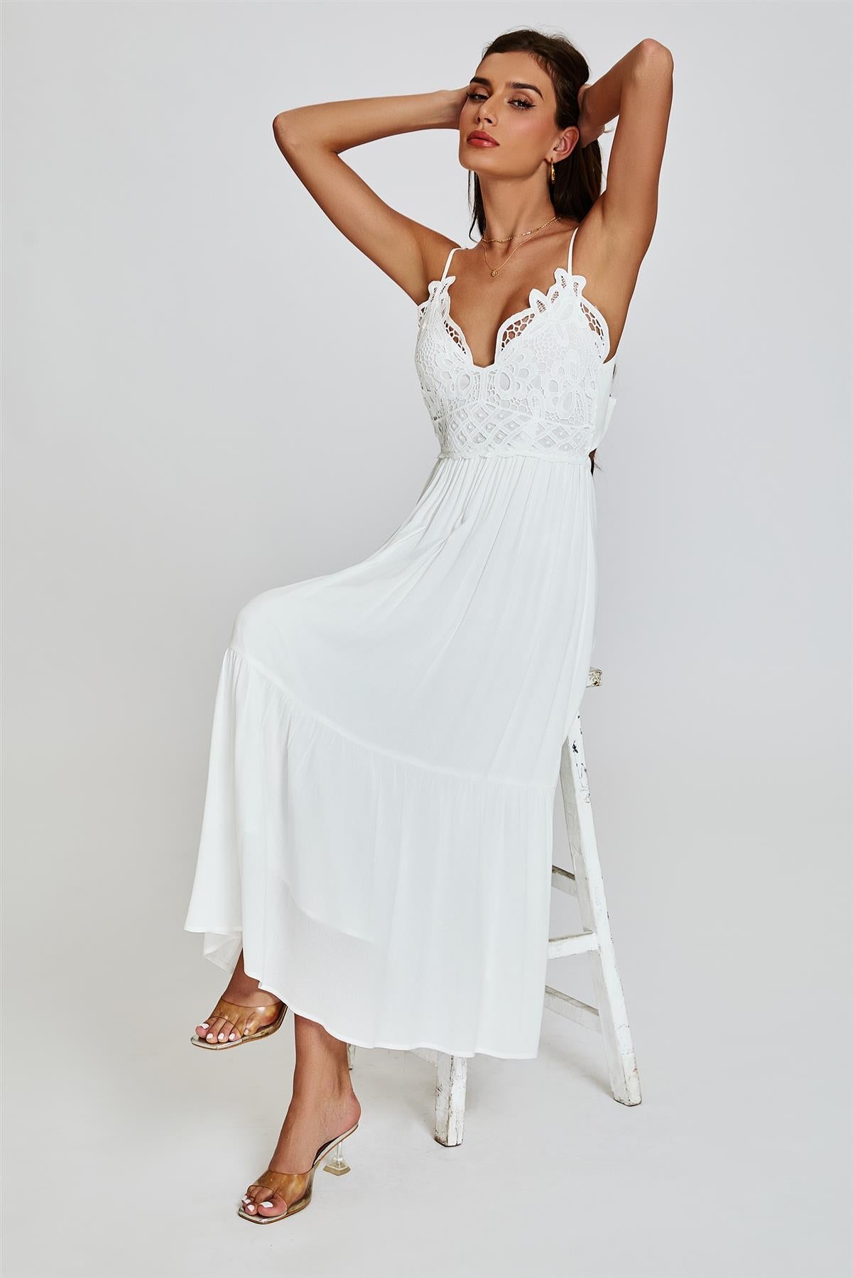 Lace Top Maxi Dress In White - AXON
