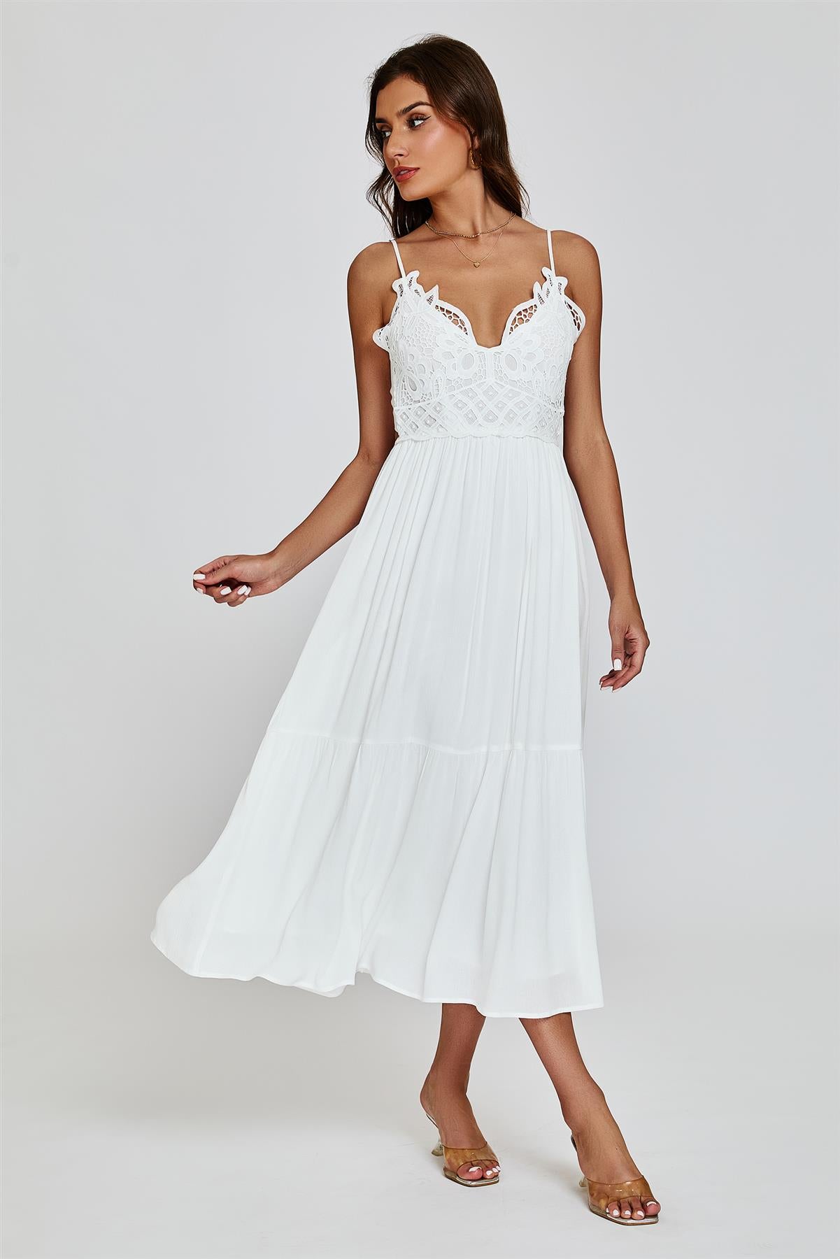 Lace Top Maxi Dress In White - AXON