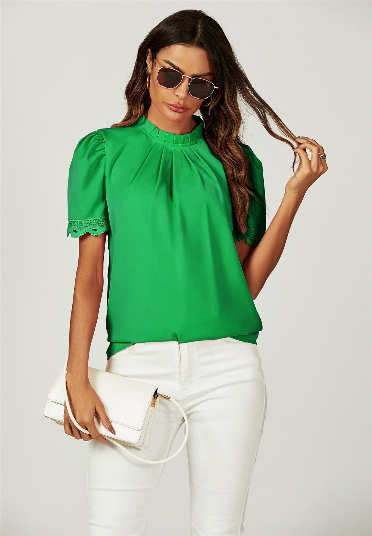Lace Trim Detail Short Sleeve High Neck Blouse Top In Green - AXON