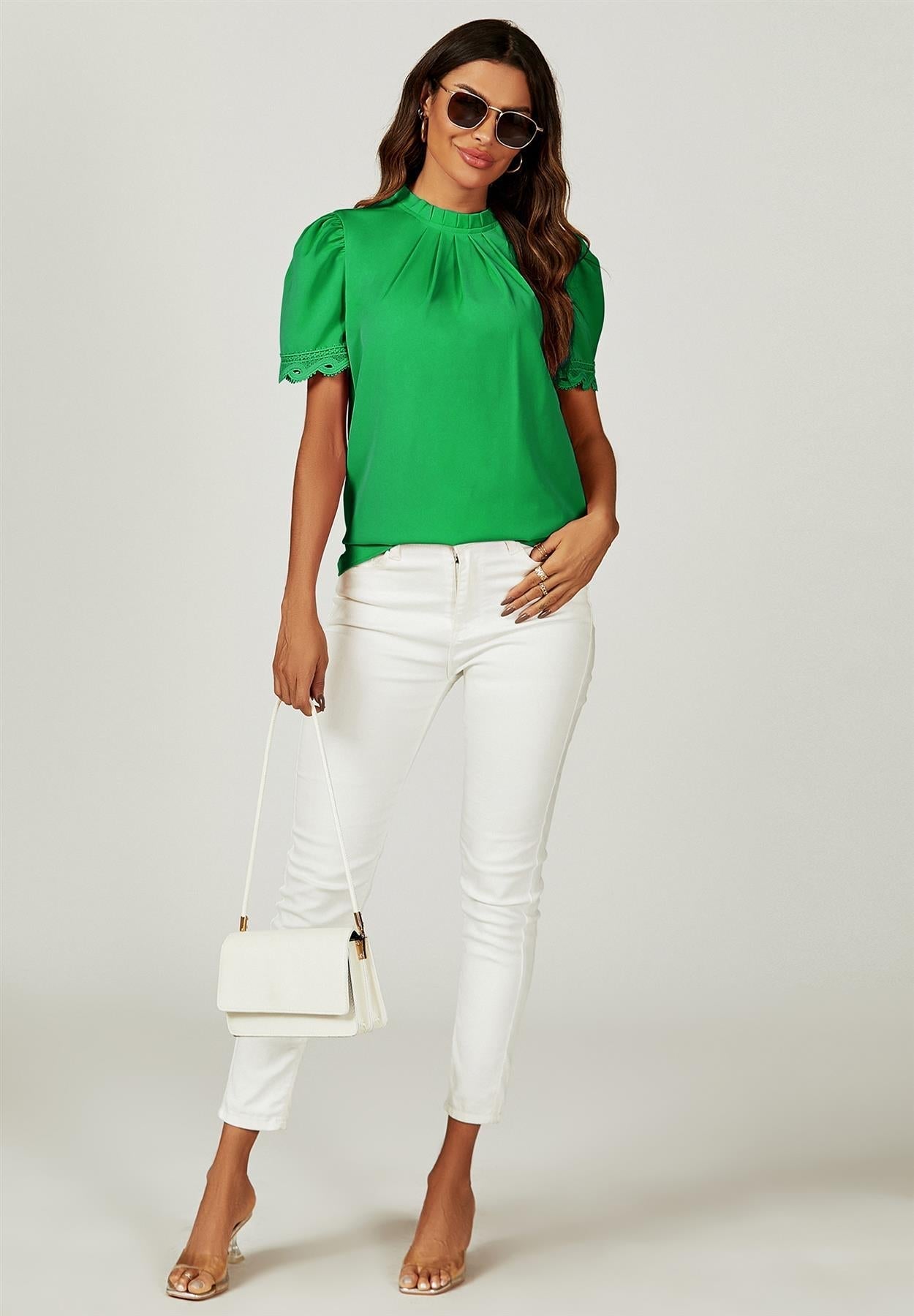 Lace Trim Detail Short Sleeve High Neck Blouse Top In Green - AXON