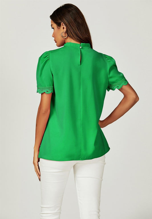 Lace Trim Detail Short Sleeve High Neck Blouse Top In Green - AXON