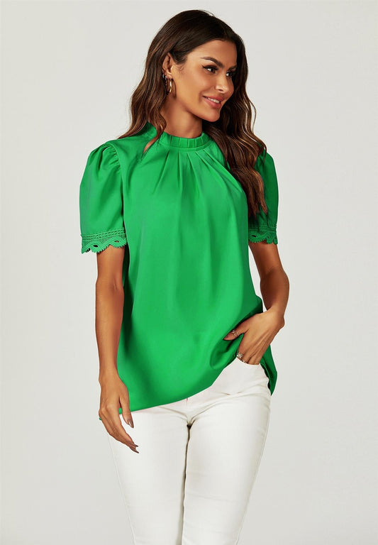 Lace Trim Detail Short Sleeve High Neck Blouse Top In Green - AXON