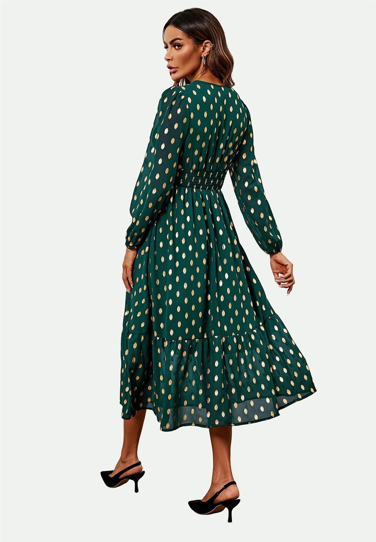 Lace Trim Foil Long Sleeve Maxi Dress In Green - AXON