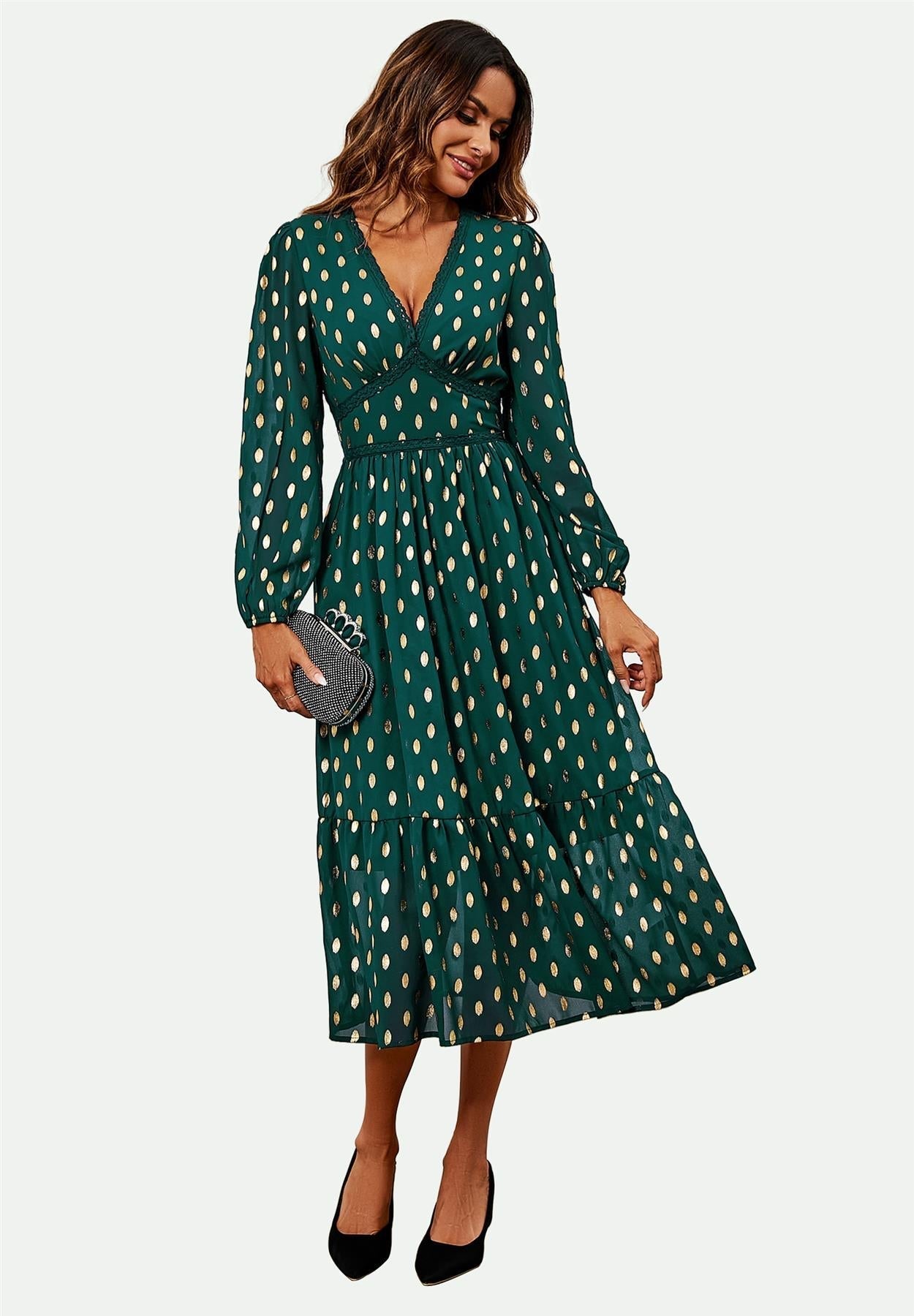 Lace Trim Foil Long Sleeve Maxi Dress In Green - AXON