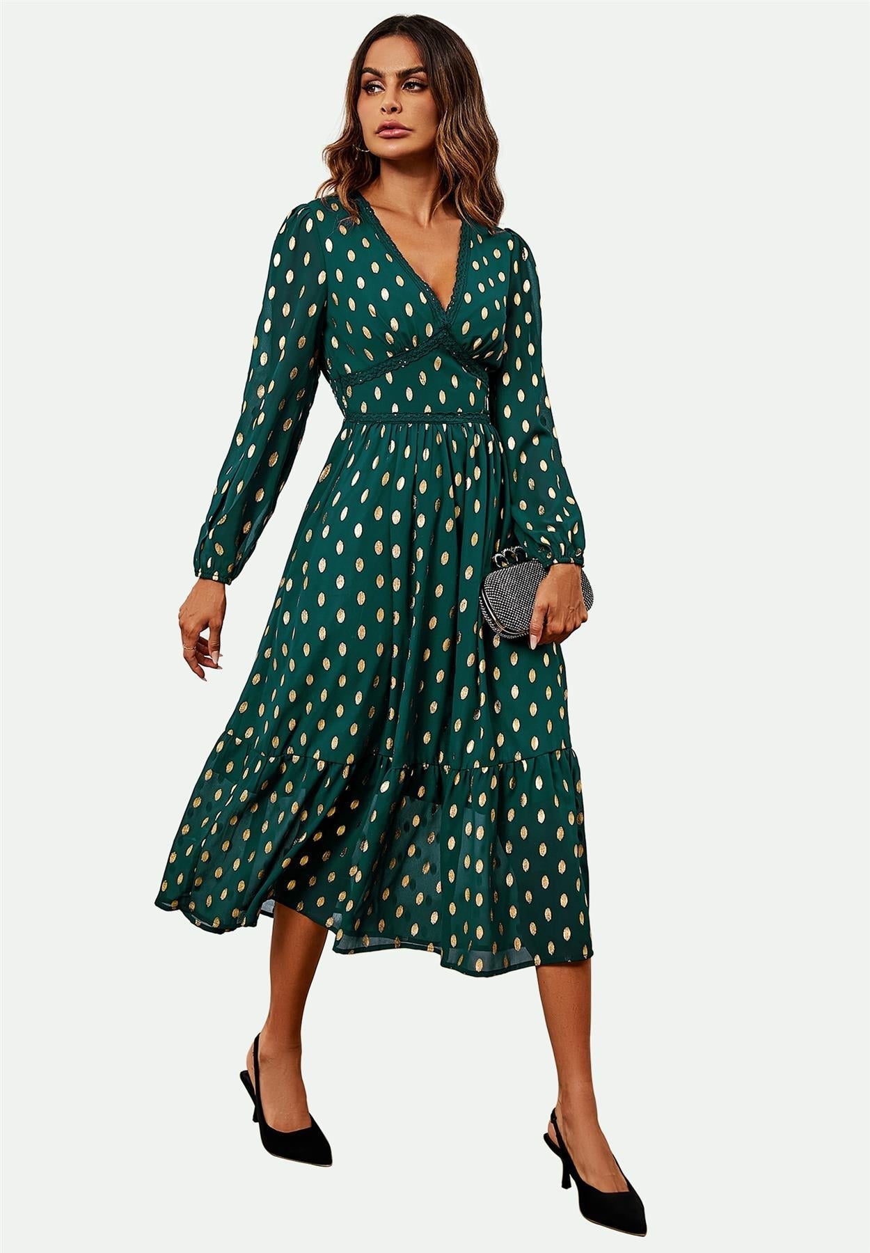 Lace Trim Foil Long Sleeve Maxi Dress In Green - AXON