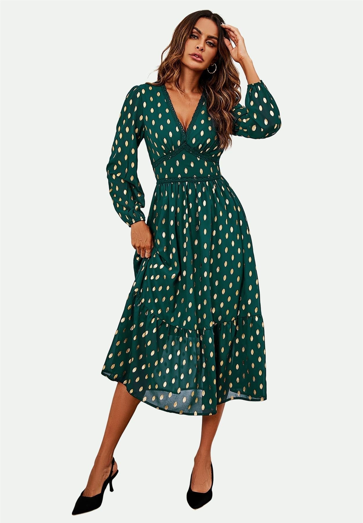 Lace Trim Foil Long Sleeve Maxi Dress In Green - AXON