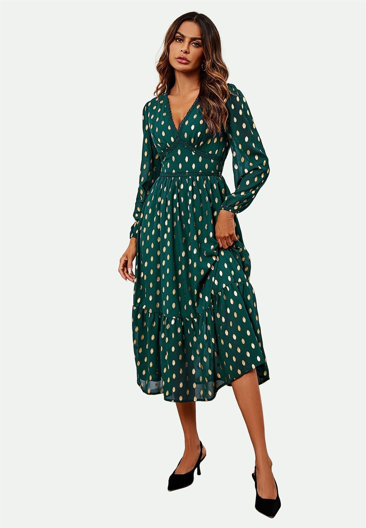 Lace Trim Foil Long Sleeve Maxi Dress In Green - AXON