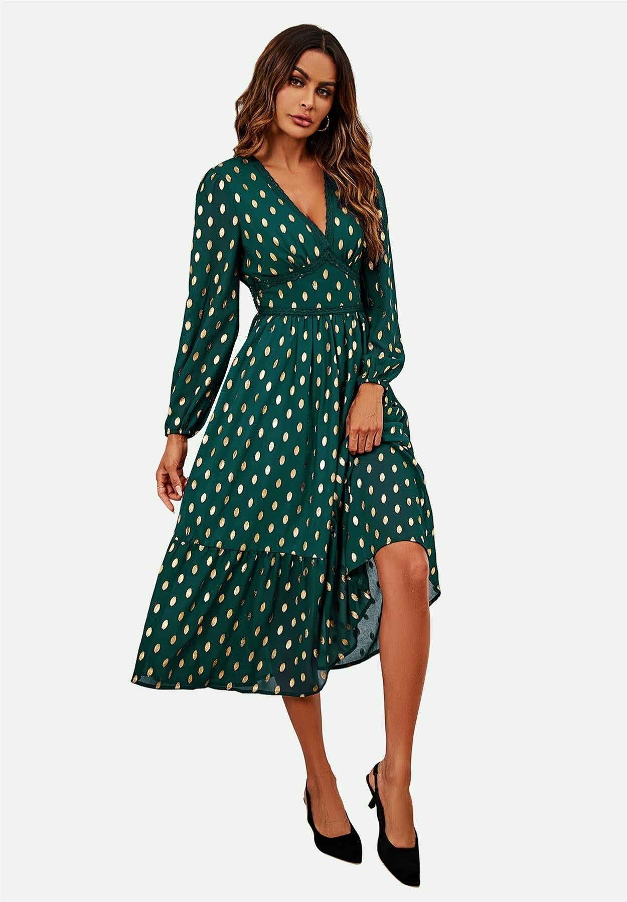 Lace Trim Foil Long Sleeve Maxi Dress In Green - AXON
