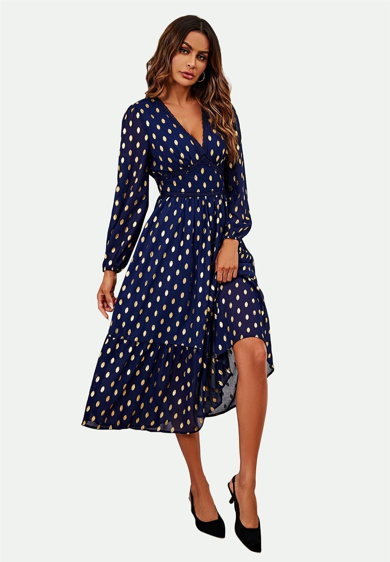 Lace Trim Foil Long Sleeve Maxi Dress In Navy - AXON