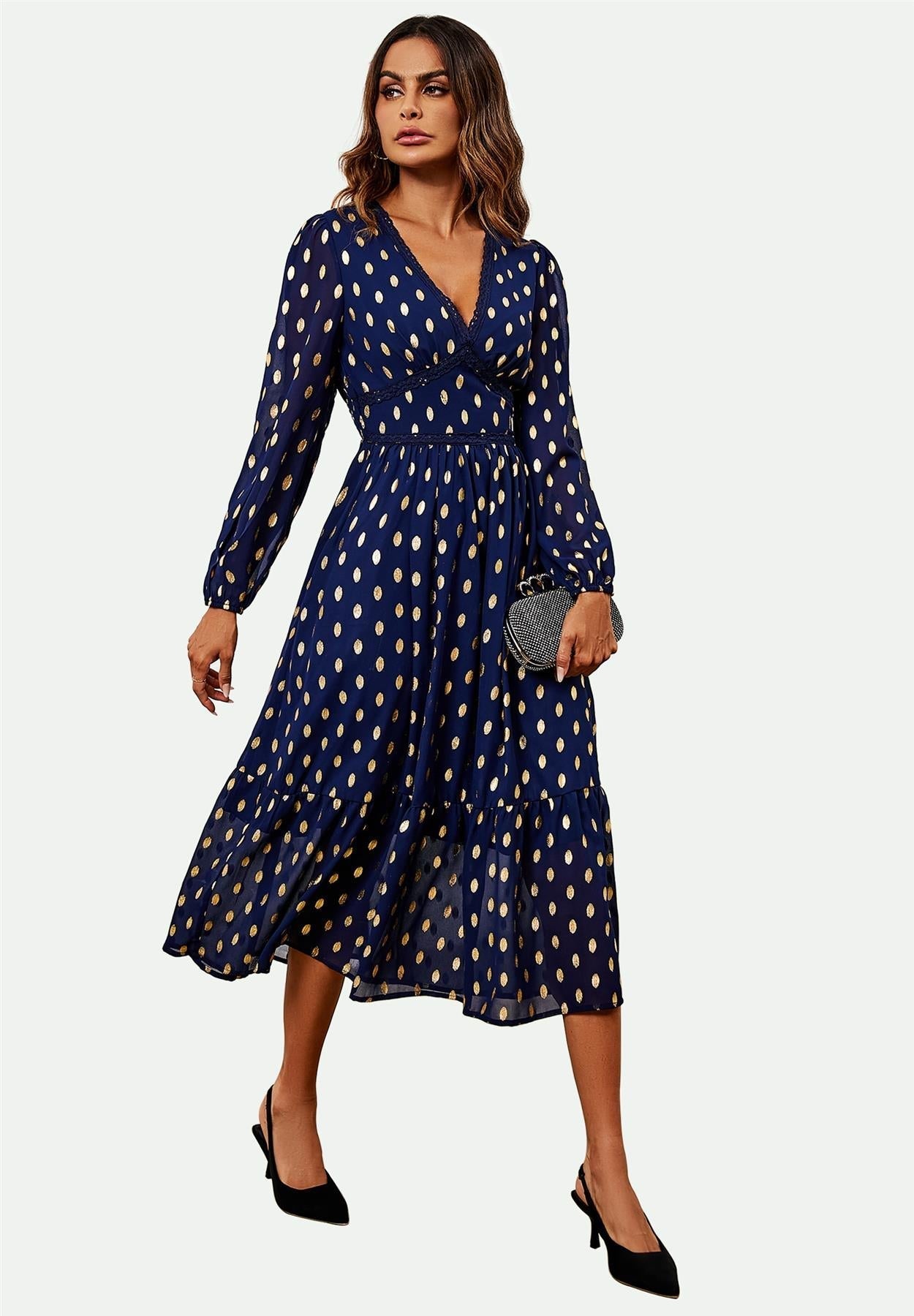 Lace Trim Foil Long Sleeve Maxi Dress In Navy - AXON