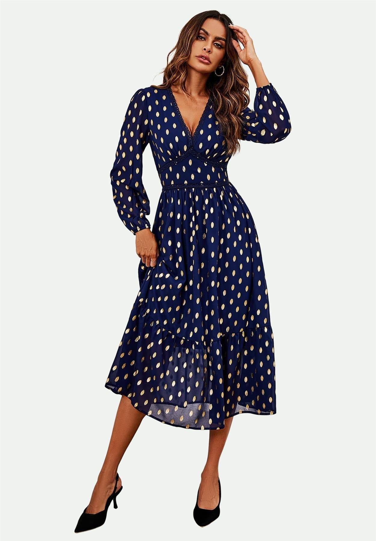 Lace Trim Foil Long Sleeve Maxi Dress In Navy - AXON