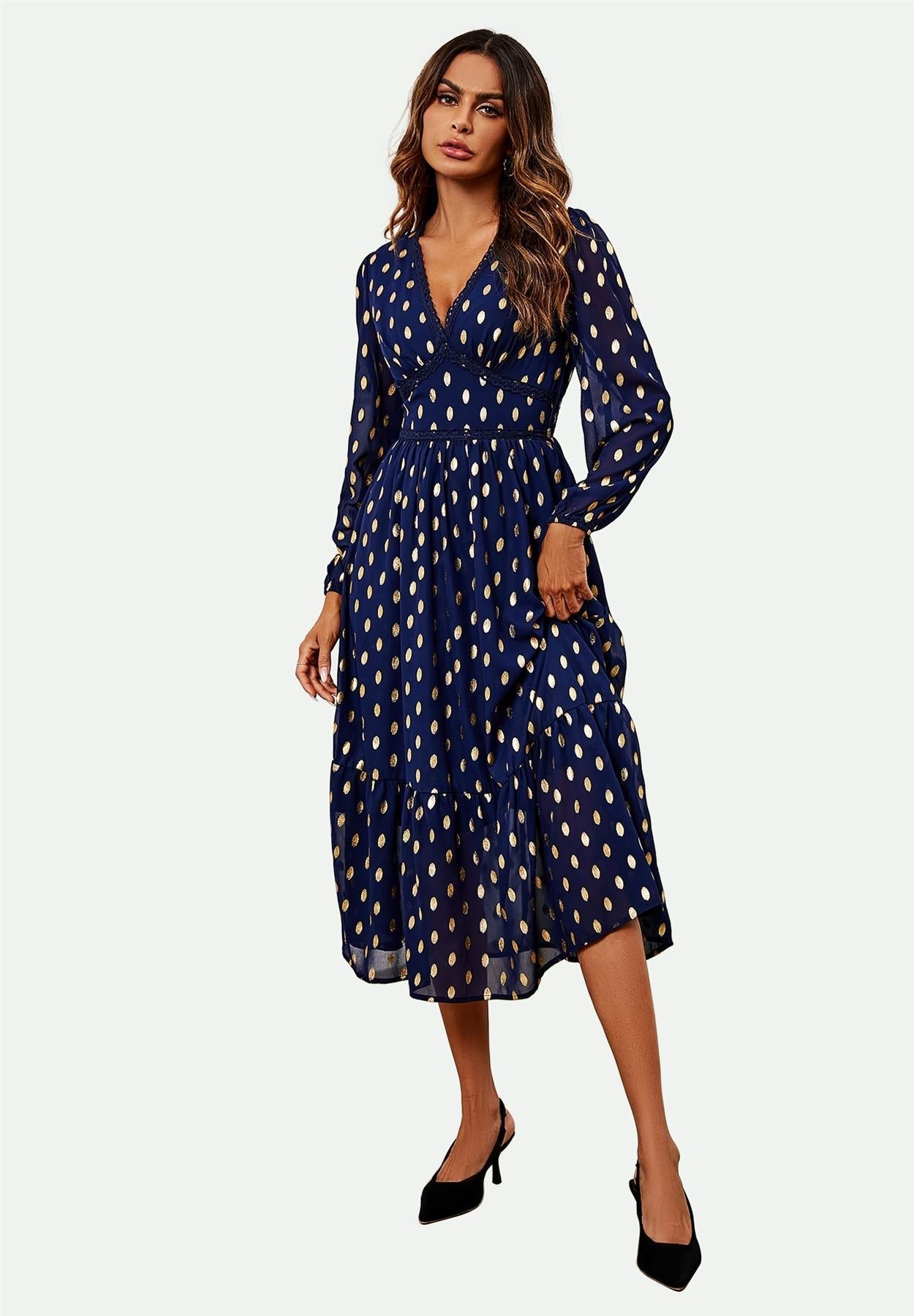 Lace Trim Foil Long Sleeve Maxi Dress In Navy - AXON