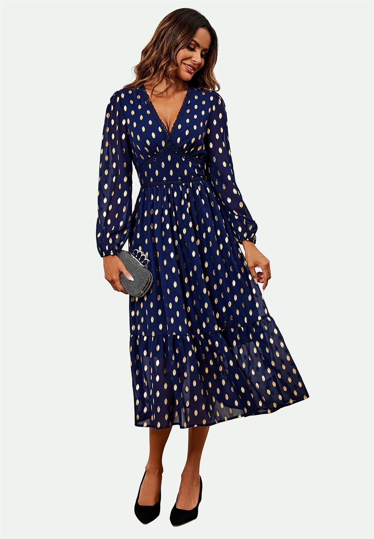 Lace Trim Foil Long Sleeve Maxi Dress In Navy - AXON
